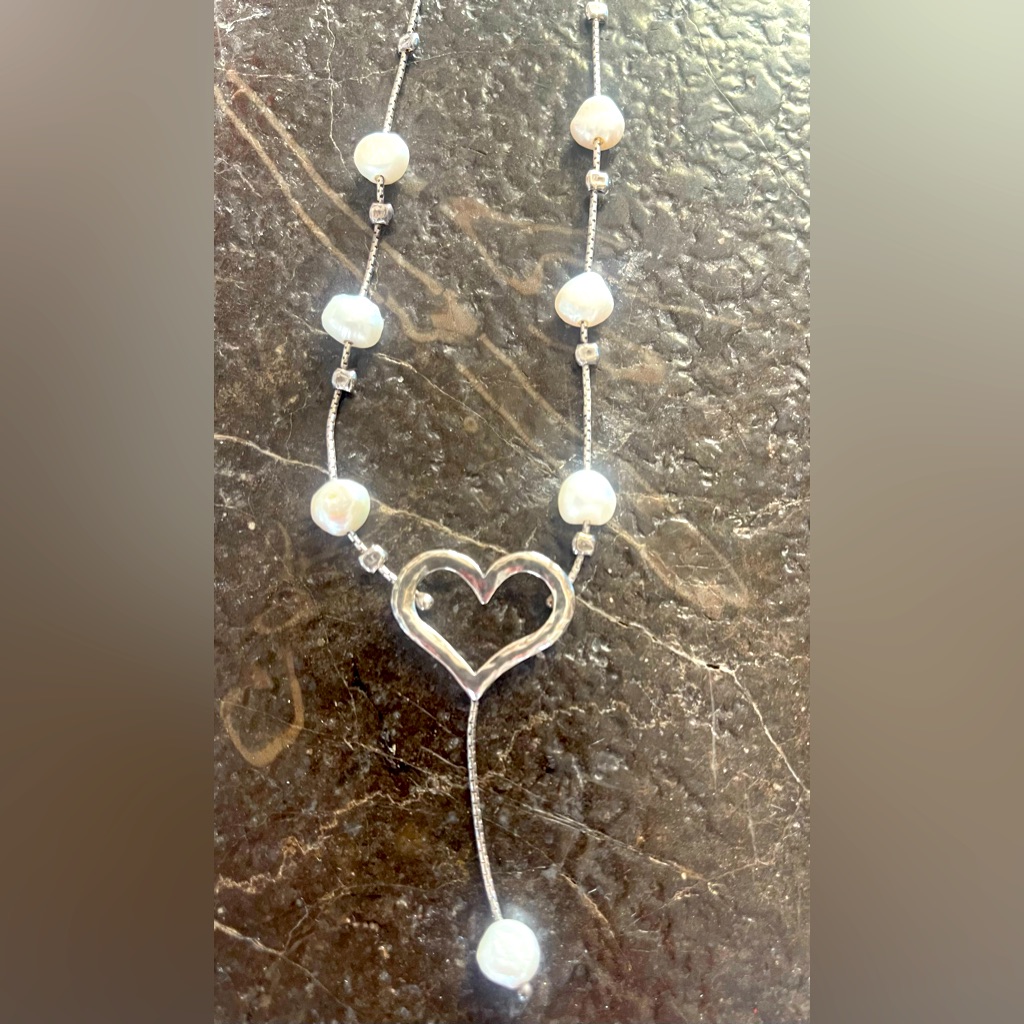Vintage Heart And Pearls Sterling Silver Necklace. Y2k